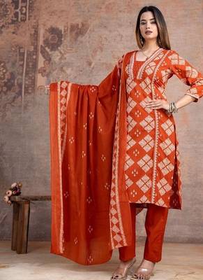 orange embroidered cotton kurta pant with dupatta 1
