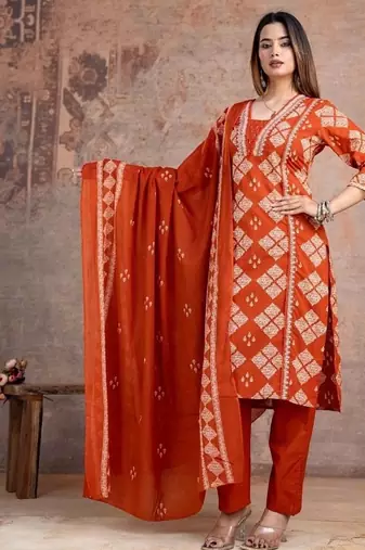 orange embroidered cotton kurta pant with dupatta