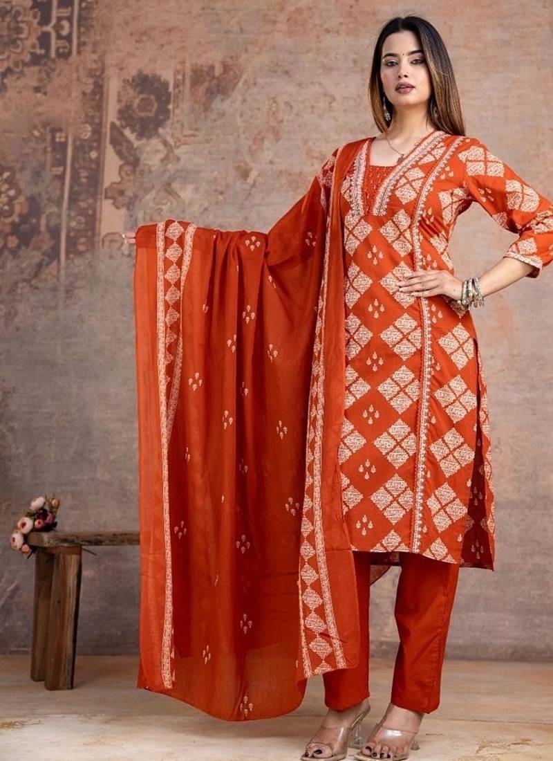 orange embroidered cotton kurta pant with dupatta