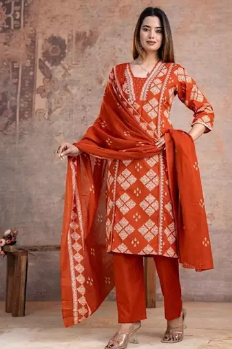 orange embroidered cotton kurta pant with dupatta