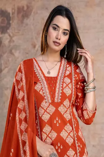 orange embroidered cotton kurta pant with dupatta