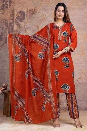 orange printed cotton kurta pant with dupatta