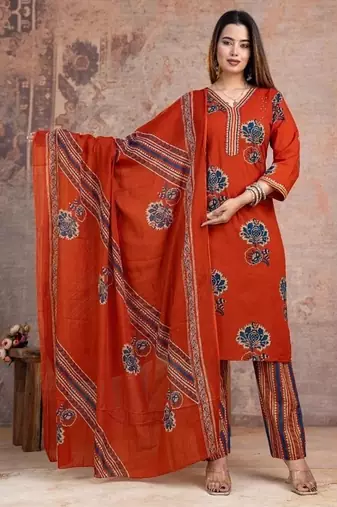 orange printed cotton kurta pant with dupatta