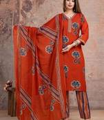 orange printed cotton kurta pant with dupatta