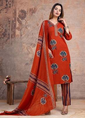orange printed cotton kurta pant with dupatta 2