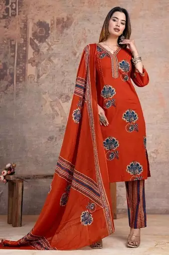 orange printed cotton kurta pant with dupatta