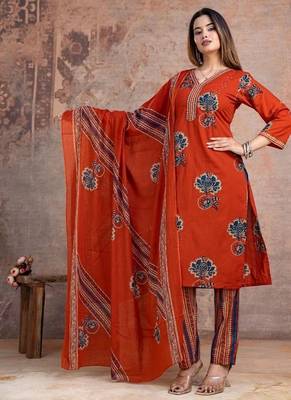 orange printed cotton kurta pant with dupatta 3