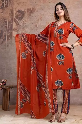orange printed cotton kurta pant with dupatta