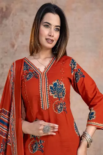 orange printed cotton kurta pant with dupatta