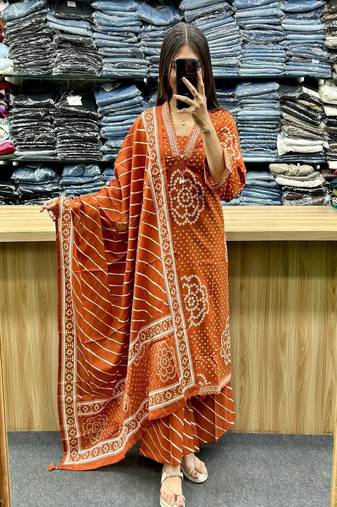brown printed cotton kurta pant with dupatta