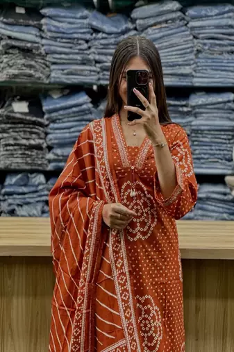 brown printed cotton kurta pant with dupatta