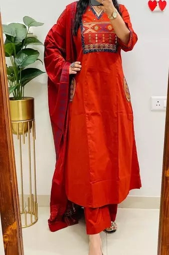 orange embroidered cotton kurta pant with dupatta