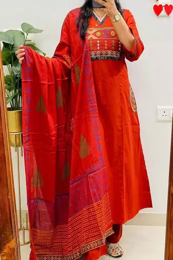 orange embroidered cotton kurta pant with dupatta