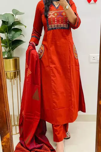 orange embroidered cotton kurta pant with dupatta