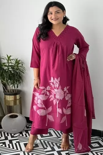 purple printed cotton kurta pant with dupatta
