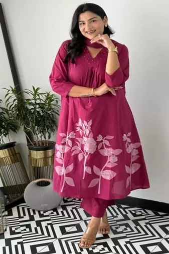 purple printed cotton kurta pant with dupatta
