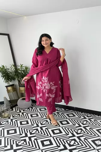 purple printed cotton kurta pant with dupatta