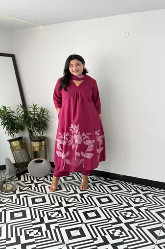 purple printed cotton kurta pant with dupatta
