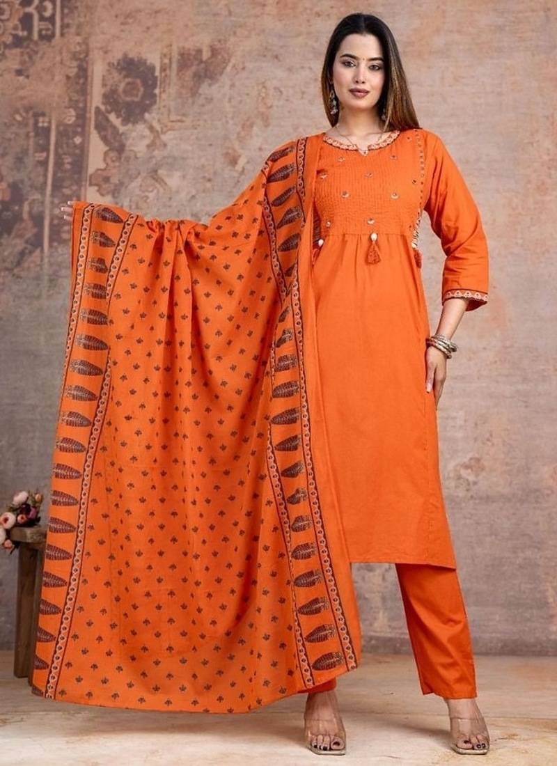 orange embroidered cotton kurta pant with dupatta