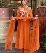 orange embroidered cotton kurta pant with dupatta