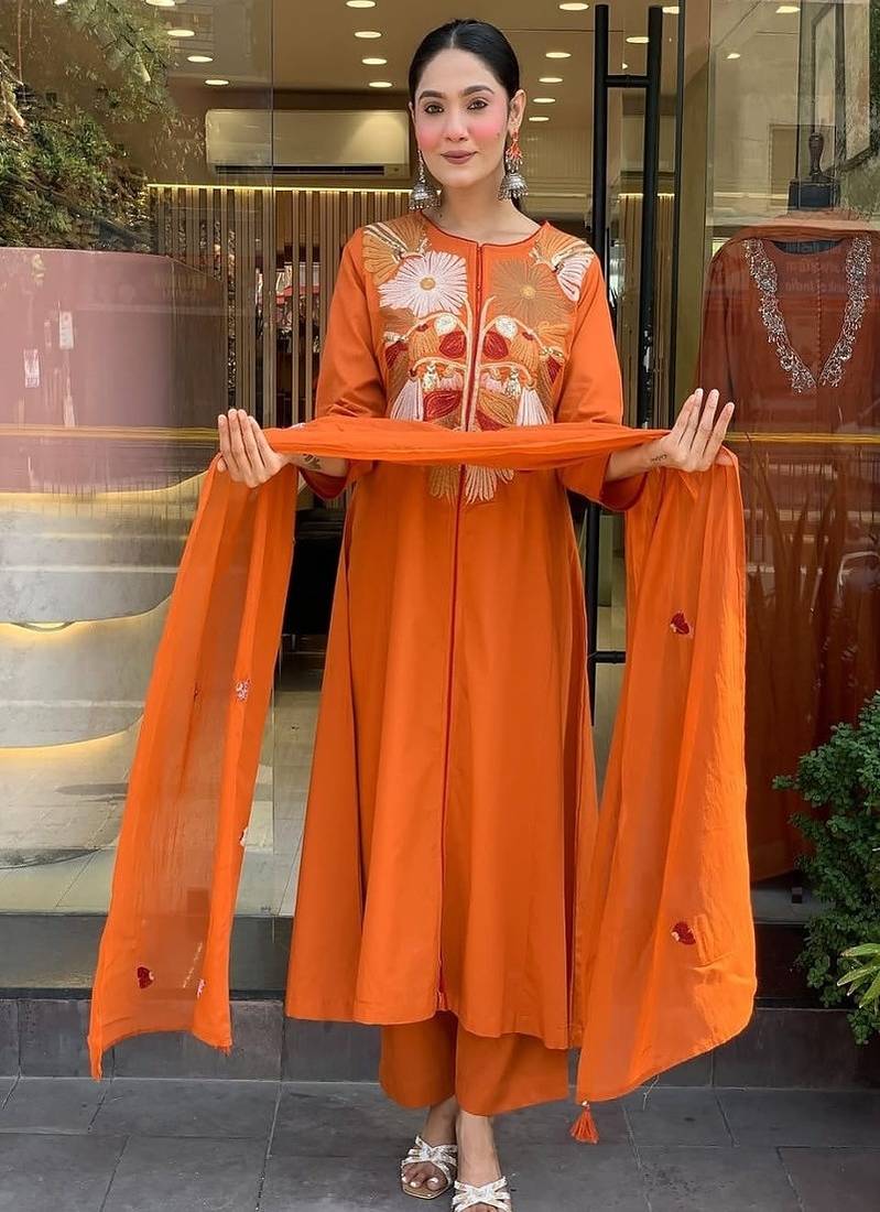 orange embroidered cotton kurta pant with dupatta