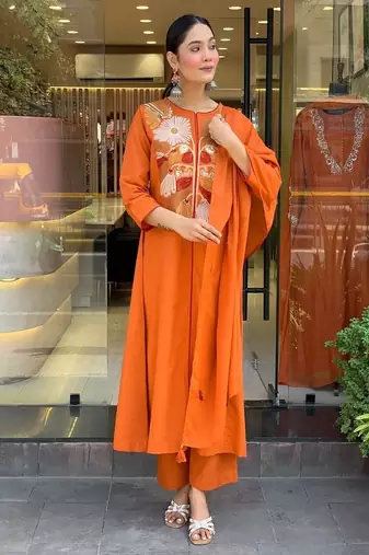 orange embroidered cotton kurta pant with dupatta