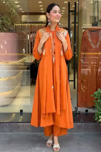orange embroidered cotton kurta pant with dupatta