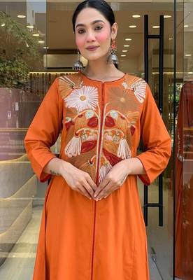 orange embroidered cotton kurta pant with dupatta 4