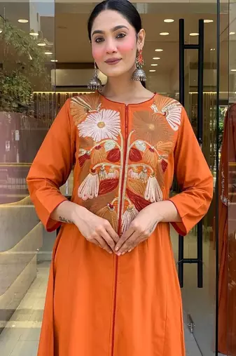 orange embroidered cotton kurta pant with dupatta