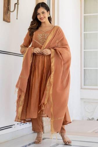 brown embroidered cotton kurta pant with dupatta