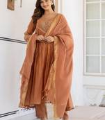 brown embroidered cotton kurta pant with dupatta