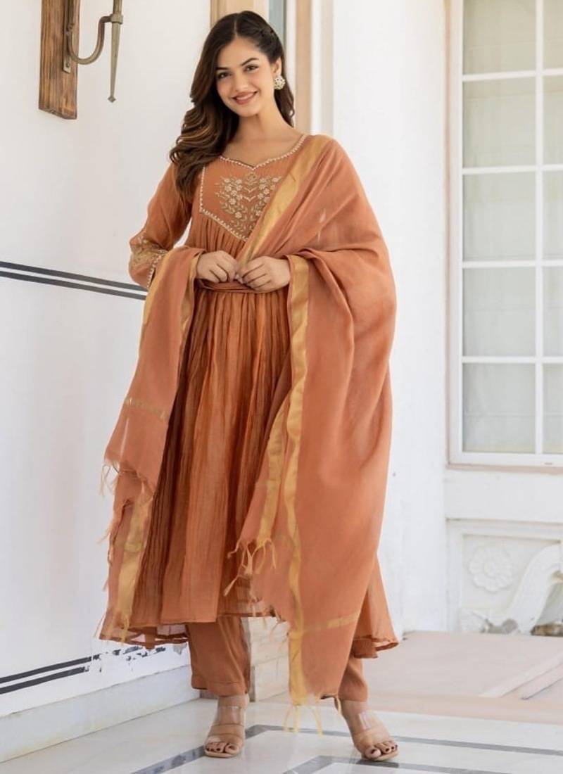 brown embroidered cotton kurta pant with dupatta