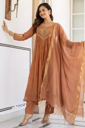 brown embroidered cotton kurta pant with dupatta