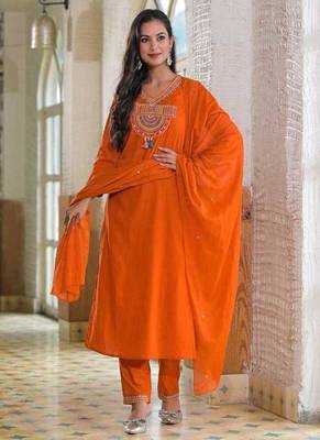 orange embroidered cotton kurta pant with dupatta 1