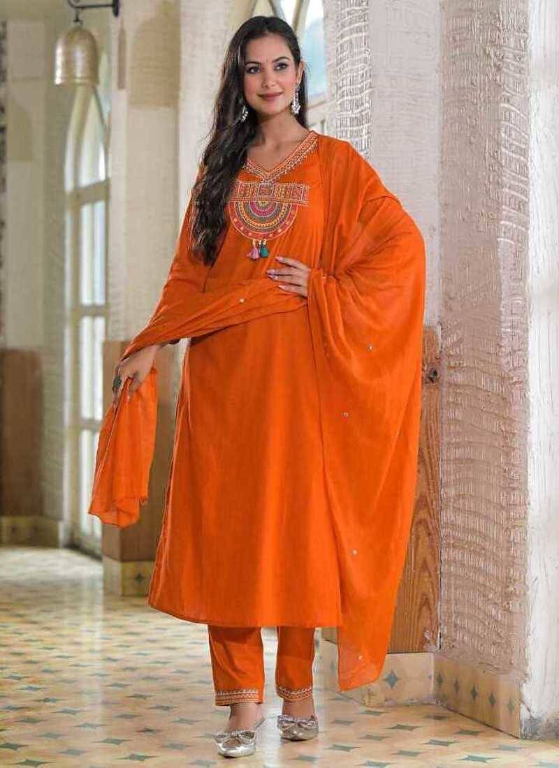 orange embroidered cotton kurta pant with dupatta