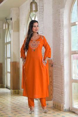 orange embroidered cotton kurta pant with dupatta 2