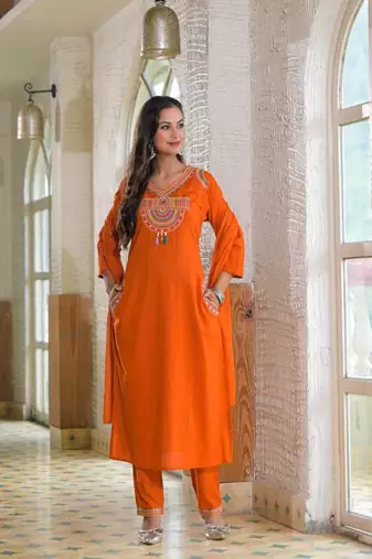 orange embroidered cotton kurta pant with dupatta