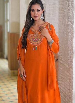 orange embroidered cotton kurta pant with dupatta 3