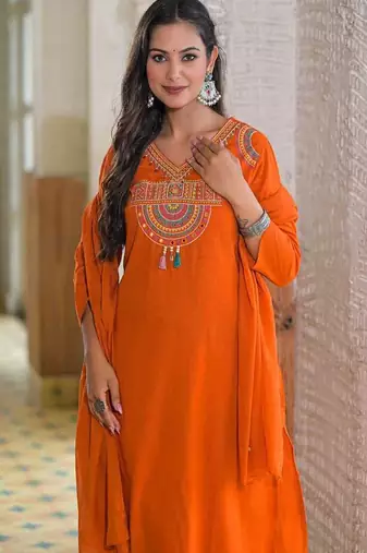 orange embroidered cotton kurta pant with dupatta