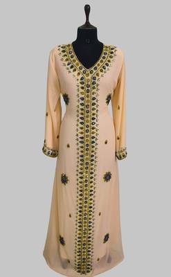 Beige Golden multicolor stone and Beads Moroccan Kaftan With hijab  1