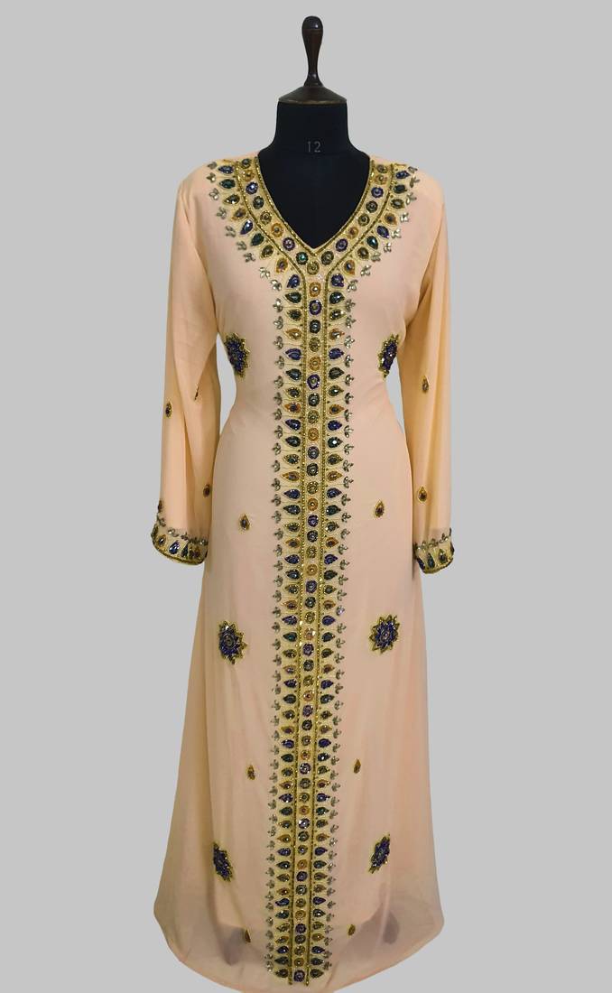 Beige Golden multicolor stone and Beads Moroccan Kaftan With hijab 