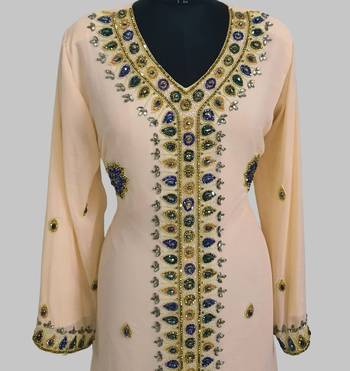 Beige Golden multicolor stone and Beads Moroccan Kaftan With hijab  2