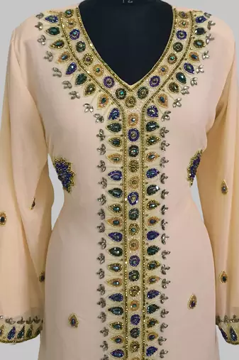 Beige Golden multicolor stone and Beads Moroccan Kaftan With hijab 