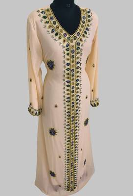 Beige Golden multicolor stone and Beads Moroccan Kaftan With hijab  3