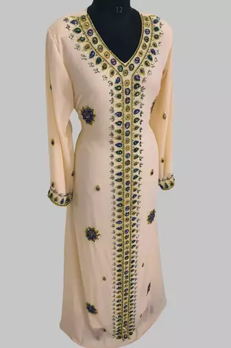 Beige Golden multicolor stone and Beads Moroccan Kaftan With hijab 