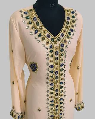 Beige Golden multicolor stone and Beads Moroccan Kaftan With hijab  4