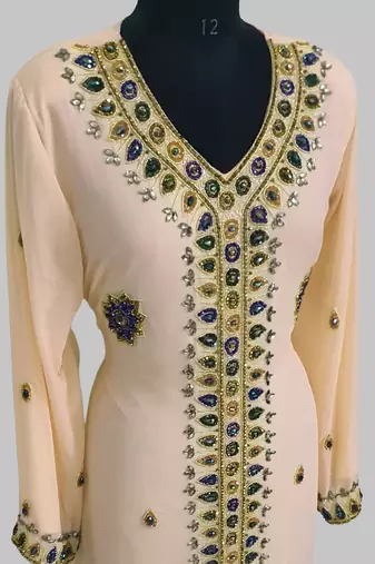 Beige Golden multicolor stone and Beads Moroccan Kaftan With hijab 