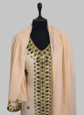 Beige Golden multicolor stone and Beads Moroccan Kaftan With hijab  5