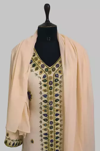Beige Golden multicolor stone and Beads Moroccan Kaftan With hijab 