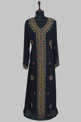 Black Golden multicolor stone and  Beads Moroccan Kaftan With hijab 